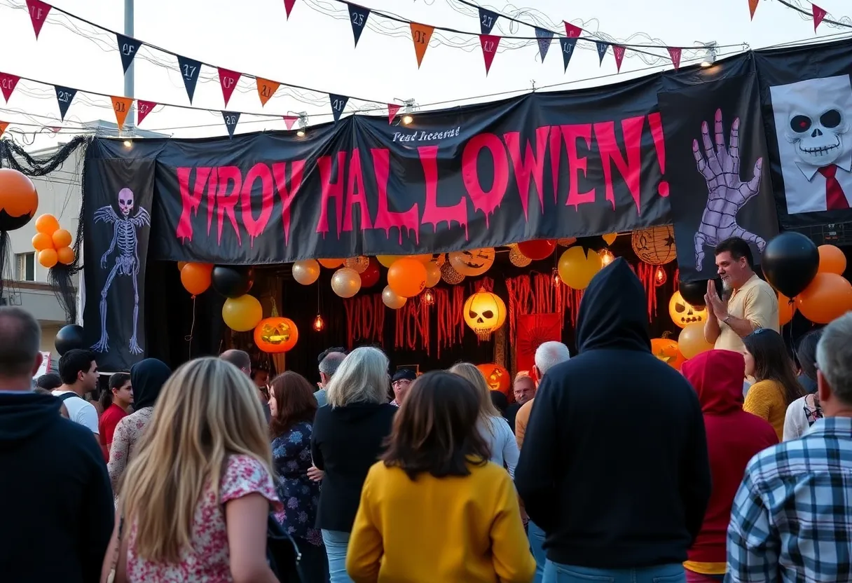 Scene from Shudder's 10th anniversary celebration featuring horror-themed decorations and a lively atmosphere.