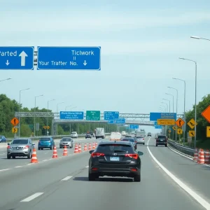 Traffic and construction signs indicating SR-52 roadwork closure