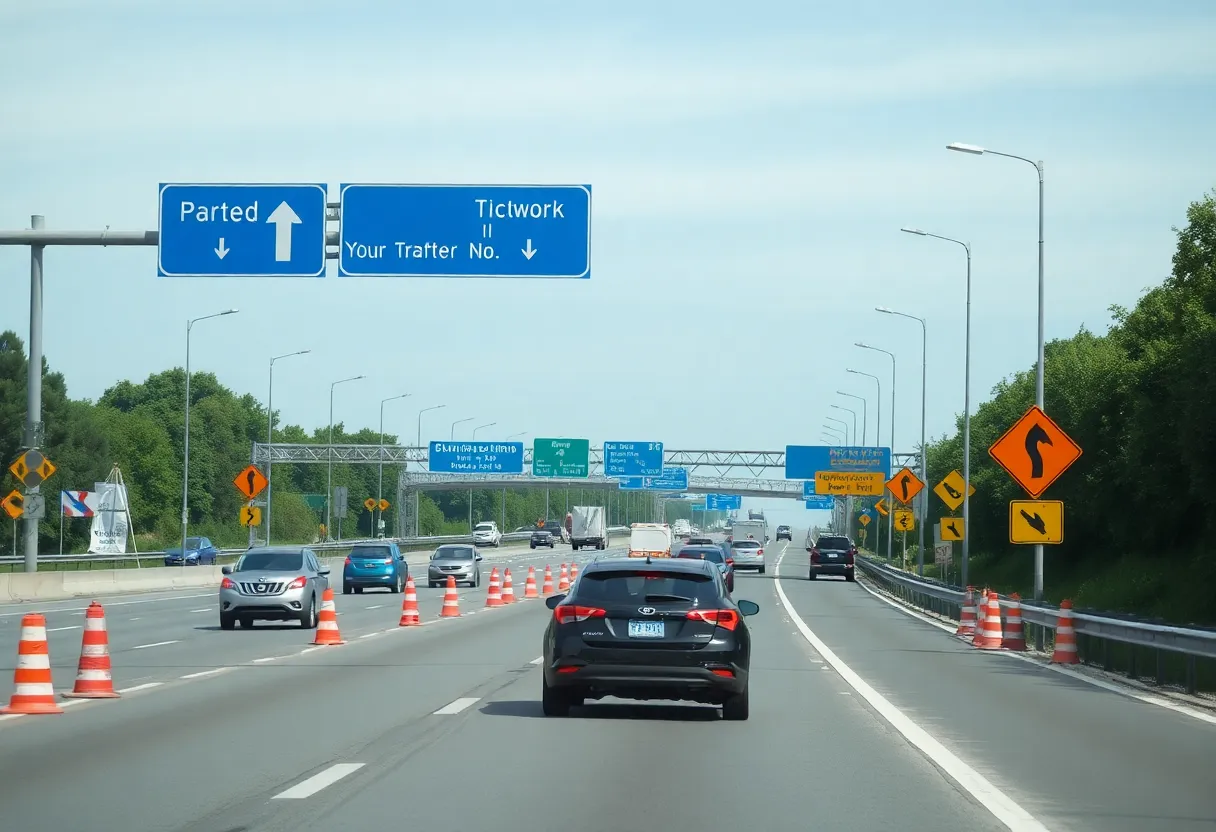 Traffic and construction signs indicating SR-52 roadwork closure