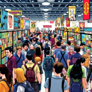 A bustling scene from Comic-Con with artists and fans engaging at booths.