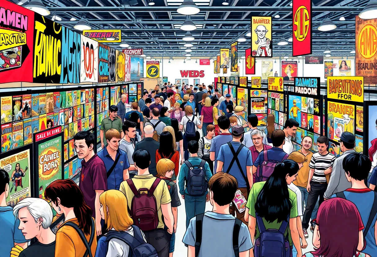A bustling scene from Comic-Con with artists and fans engaging at booths.