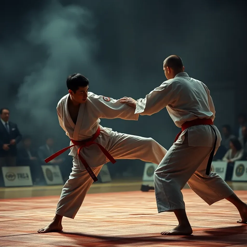 A dramatic scene from the film Tatami showcasing judo athletes.