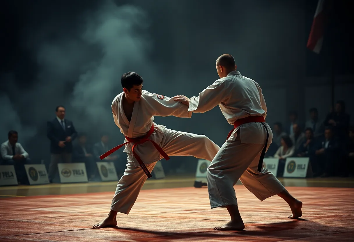 A dramatic scene from the film Tatami showcasing judo athletes.
