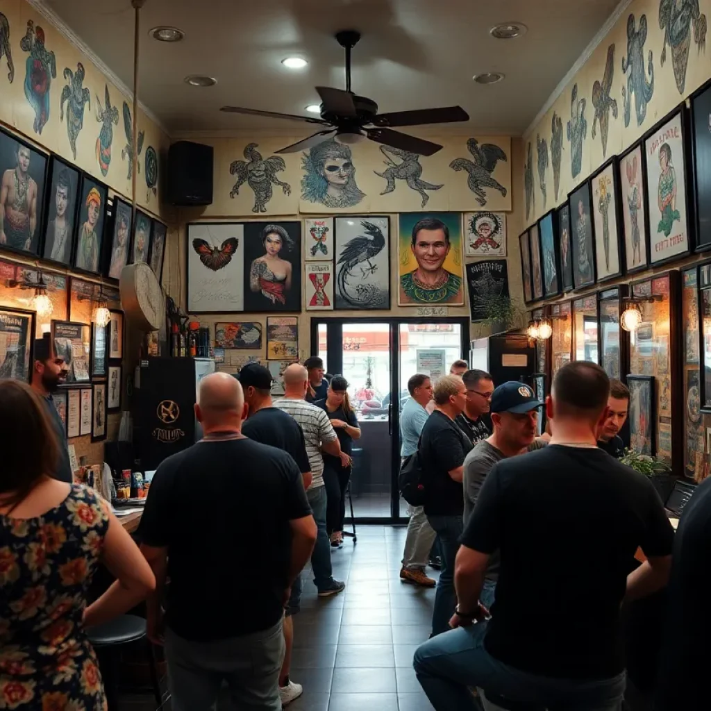 Interior of a tattoo shop with customers selecting flash tattoos