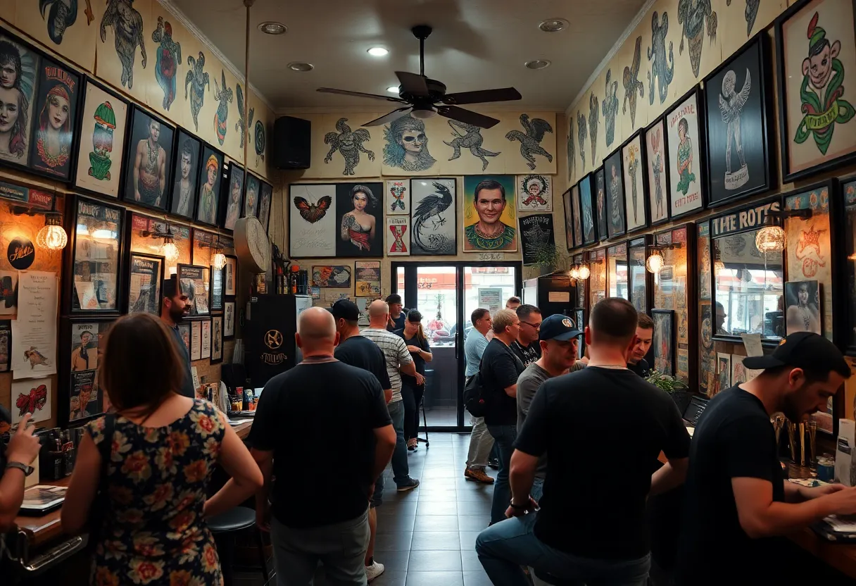 Interior of a tattoo shop with customers selecting flash tattoos