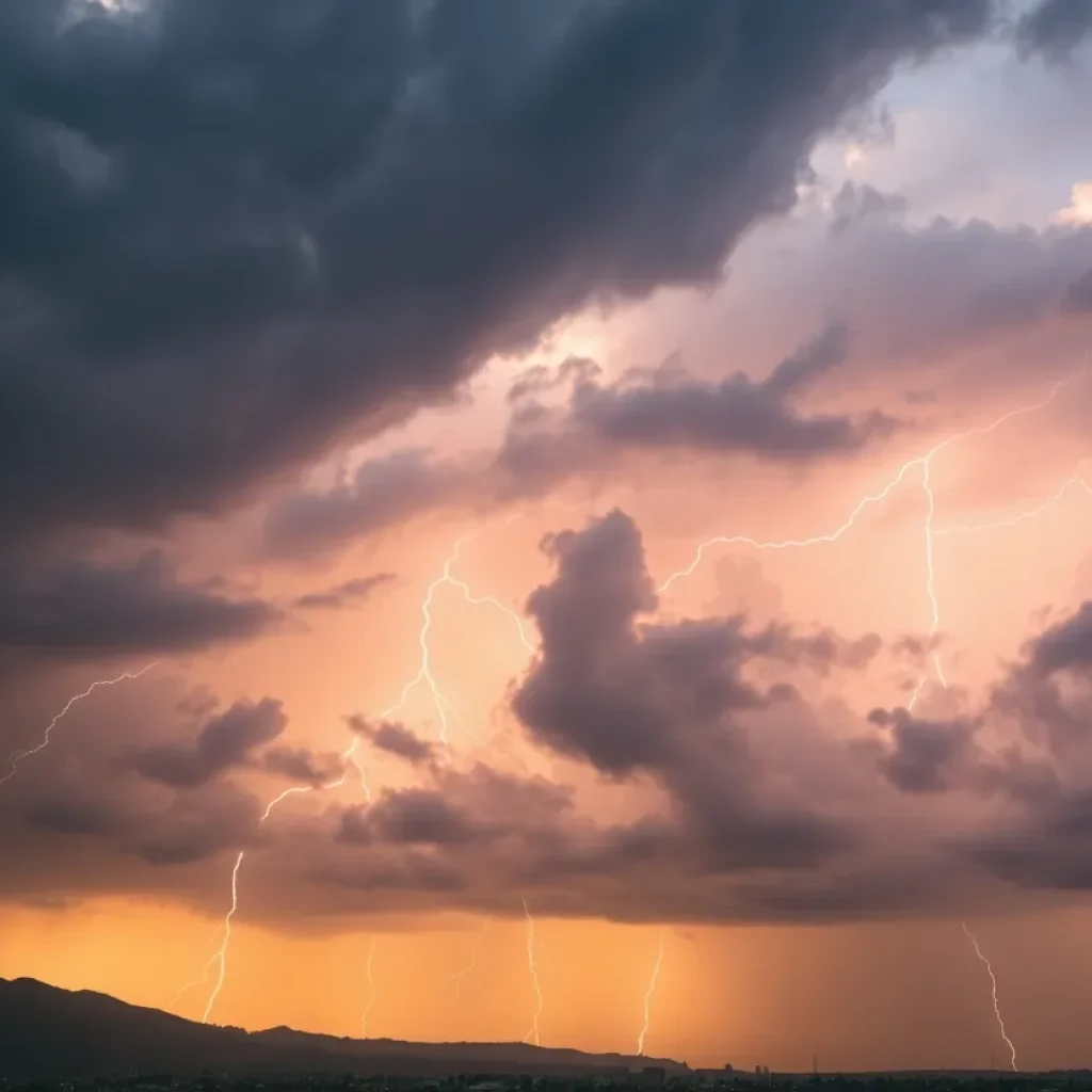 Lightning striking over San Diego during a thunderstorm