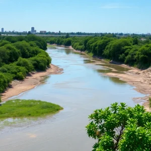 Polluted Tijuana River flowing through green landscape