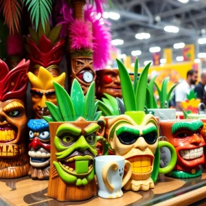Tiki mugs inspired by popular franchises displayed at San Diego Comic-Con.