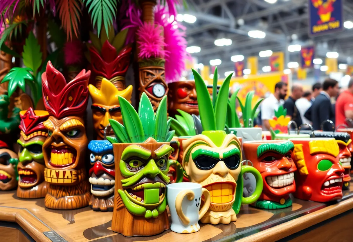 Tiki mugs inspired by popular franchises displayed at San Diego Comic-Con.