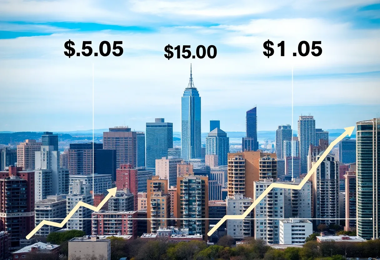 Illustration representing the trends in the U.S. rental market with apartment buildings and price fluctuations.