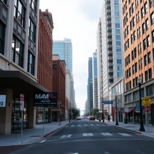 View of empty commercial buildings in downtown San Diego with leasing signs.