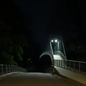 Dimly lit Vermont Street Pedestrian Bridge at night