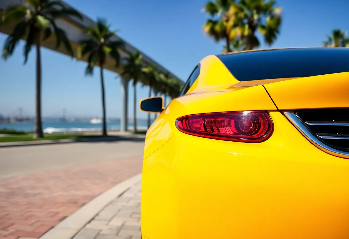 A bright yellow car against a San Diego backdrop