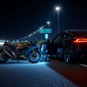 Scene of a motorcycle and car collision on a highway