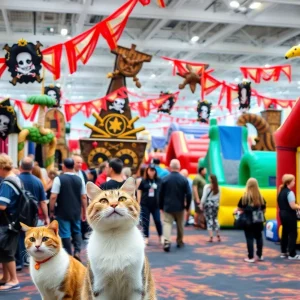 Fans enjoying the Adult Swim Pirate Purrrty activation at Comic-Con with themed decorations.