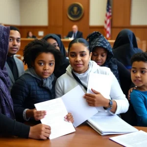Families seeking asylum in a courtroom for legal aid.