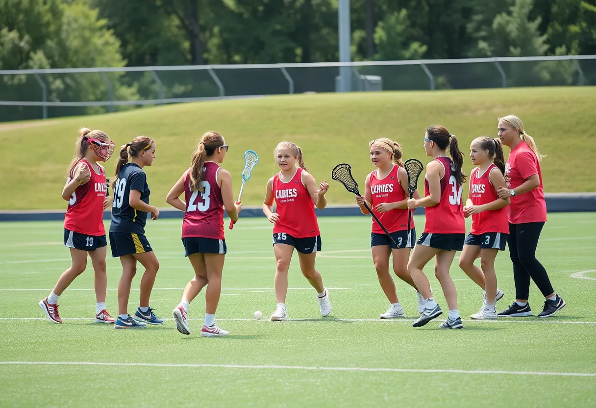 Young female athletes practicing lacrosse at San Diego State University