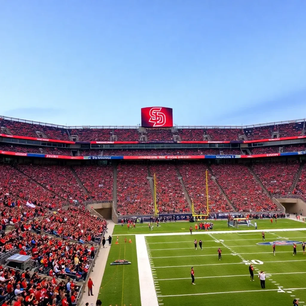 Fans enjoying a themed football game at Snapdragon Stadium