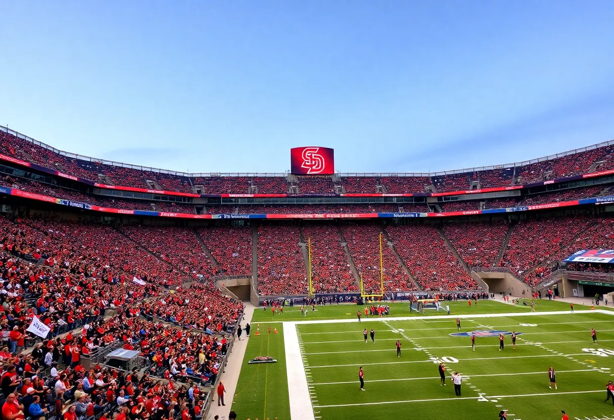 Fans enjoying a themed football game at Snapdragon Stadium