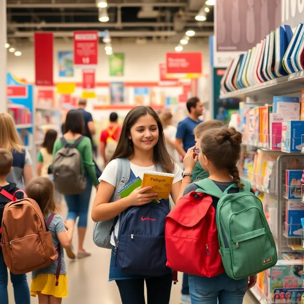 Parents and children shopping for school supplies in San Diego