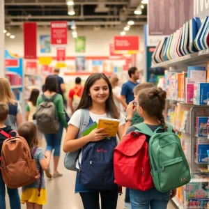 Parents and children shopping for school supplies in San Diego