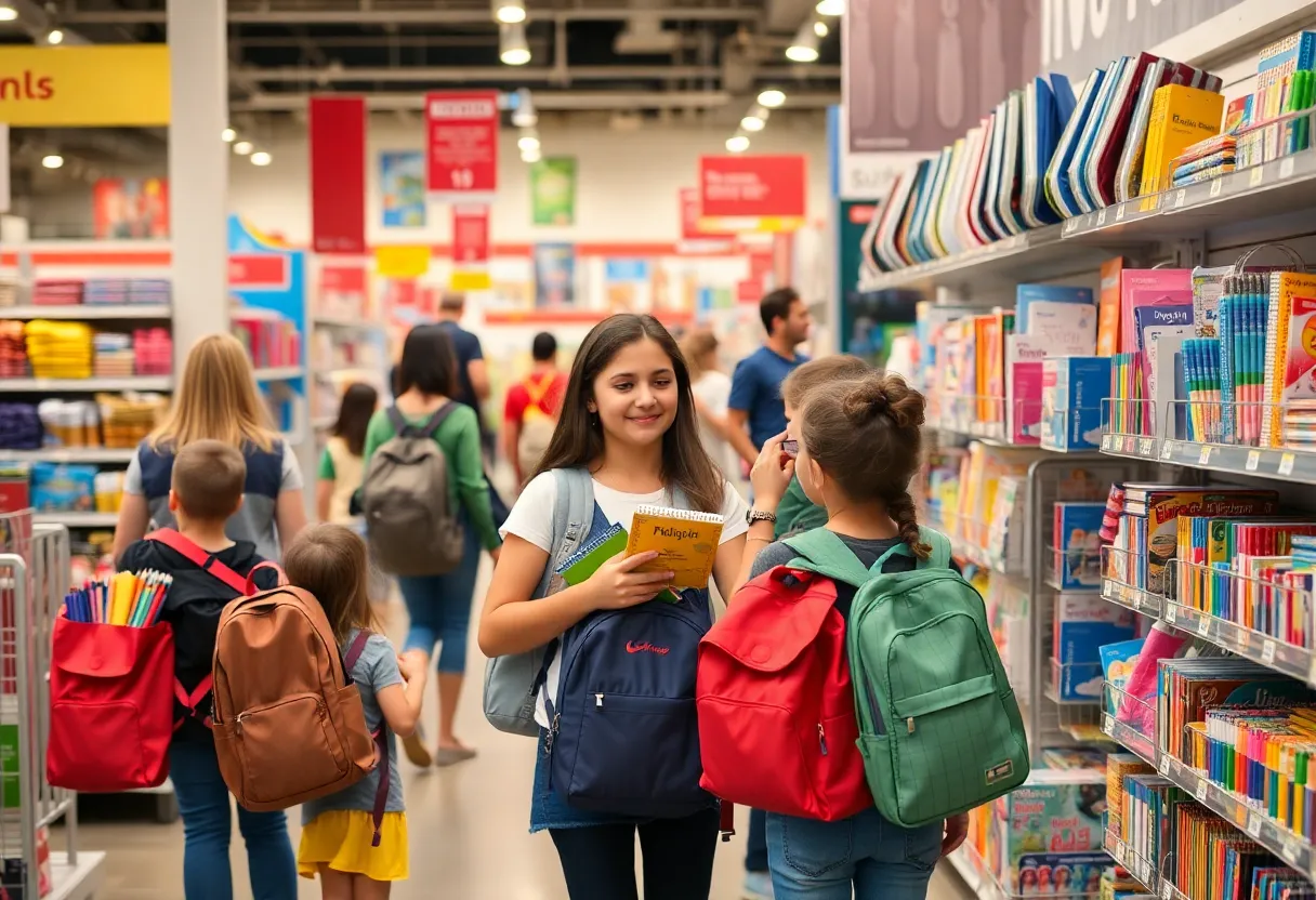 Parents and children shopping for school supplies in San Diego