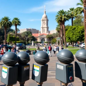 Scene of Balboa Park with parking meters visible and people enjoying the park