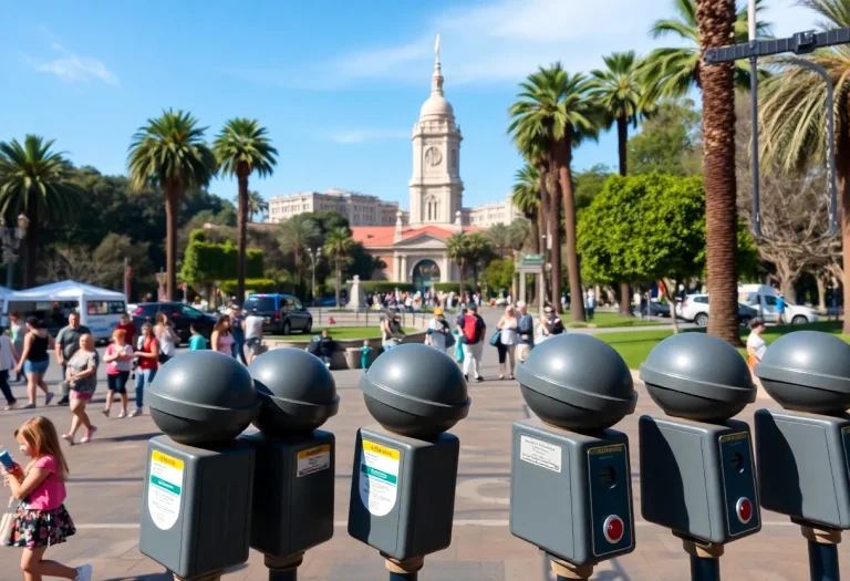 Scene of Balboa Park with parking meters visible and people enjoying the park