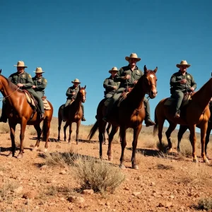 Border Patrol agents on horseback navigating through rugged terrain in San Diego.