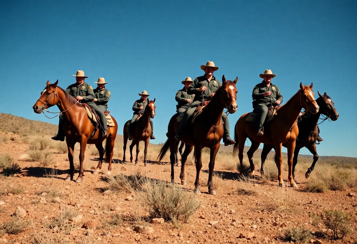 Border Patrol agents on horseback navigating through rugged terrain in San Diego.
