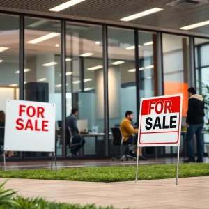An office building with a sale sign, representing business relocations.