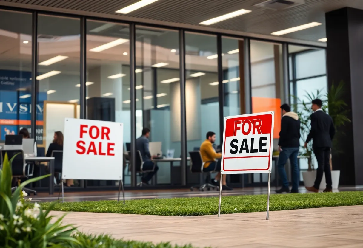 An office building with a sale sign, representing business relocations.