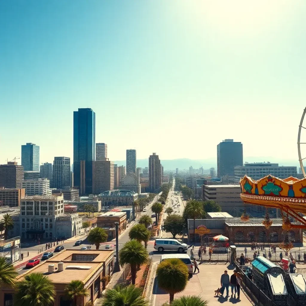 A juxtaposition of modern skyscrapers and an amusement park in California