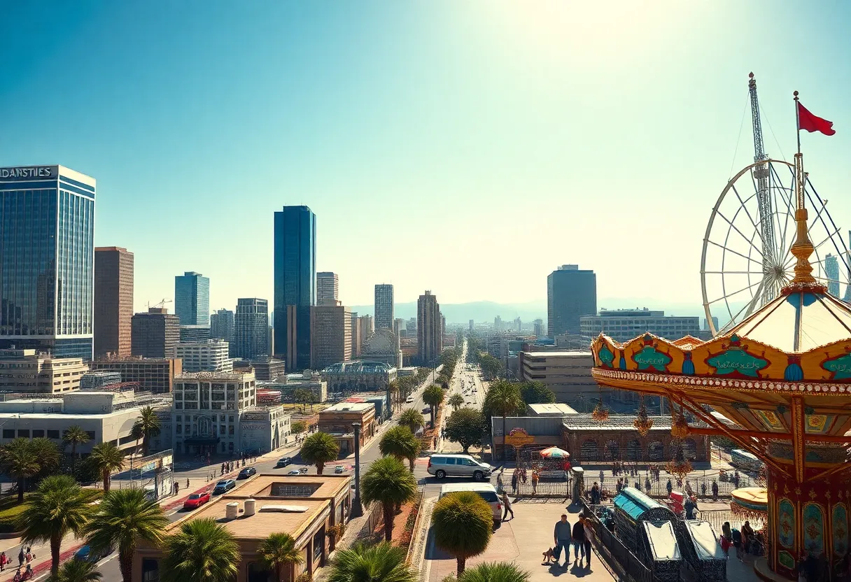 A juxtaposition of modern skyscrapers and an amusement park in California
