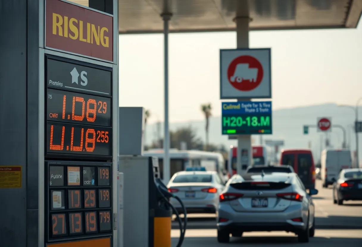 California gas station with rising prices and vehicles refueling