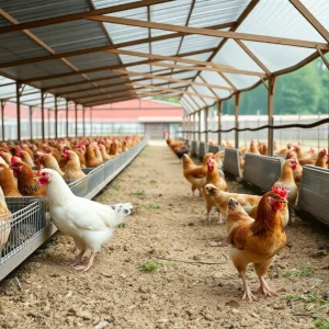 Hens in a spacious outdoor enclosure representing California's Proposition 12 standards