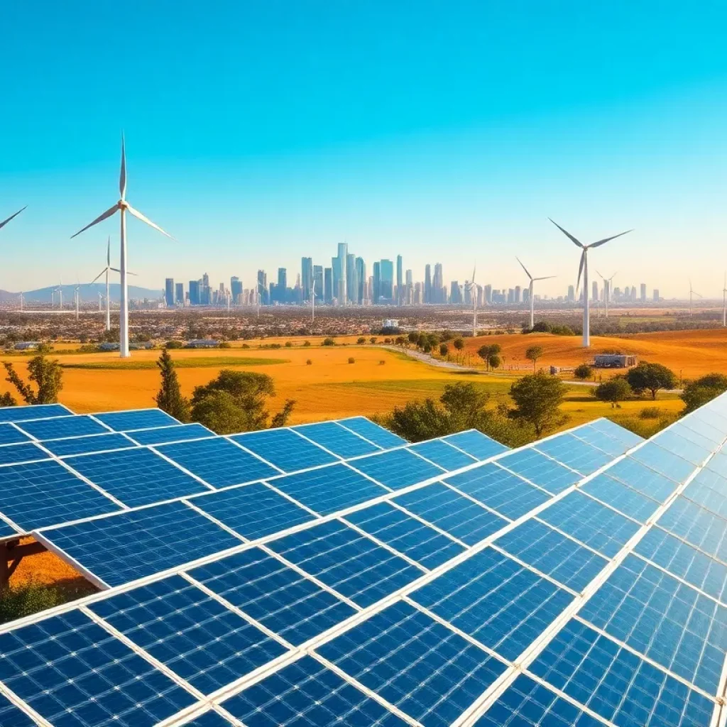 Overview of California's renewable energy landscape with solar panels and wind turbines.