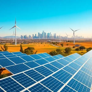 Overview of California's renewable energy landscape with solar panels and wind turbines.