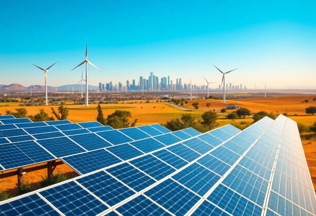 Overview of California's renewable energy landscape with solar panels and wind turbines.