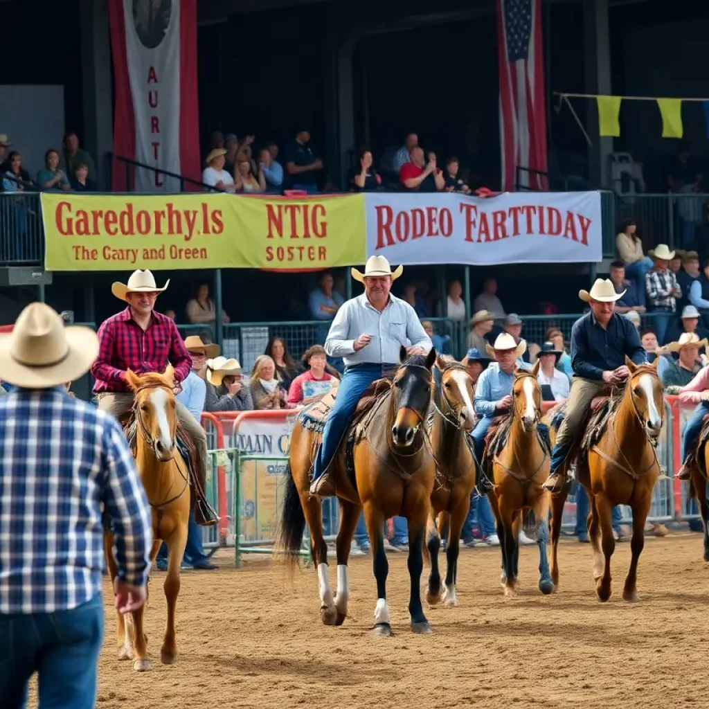 A lively California Rodeo scene with cowboys and audience