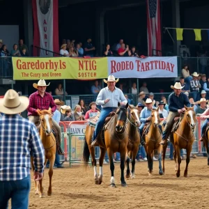 A lively California Rodeo scene with cowboys and audience
