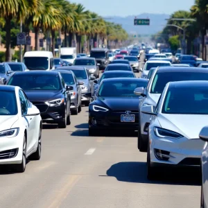 A California street filled with various electric and hybrid cars, including Tesla models, amidst an evolving automotive market.