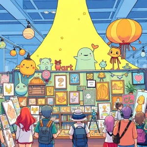 Artist booth at San Diego Comic-Con featuring art and fans
