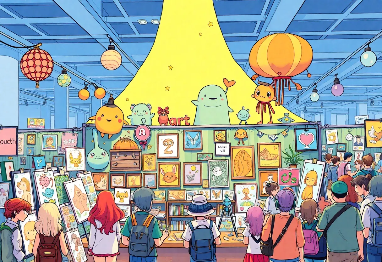 Artist booth at San Diego Comic-Con featuring art and fans
