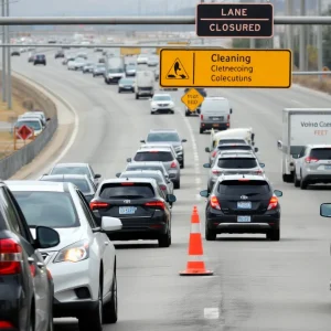 Traffic congestion on Interstate 15 due to sludge spill cleanup in San Diego.