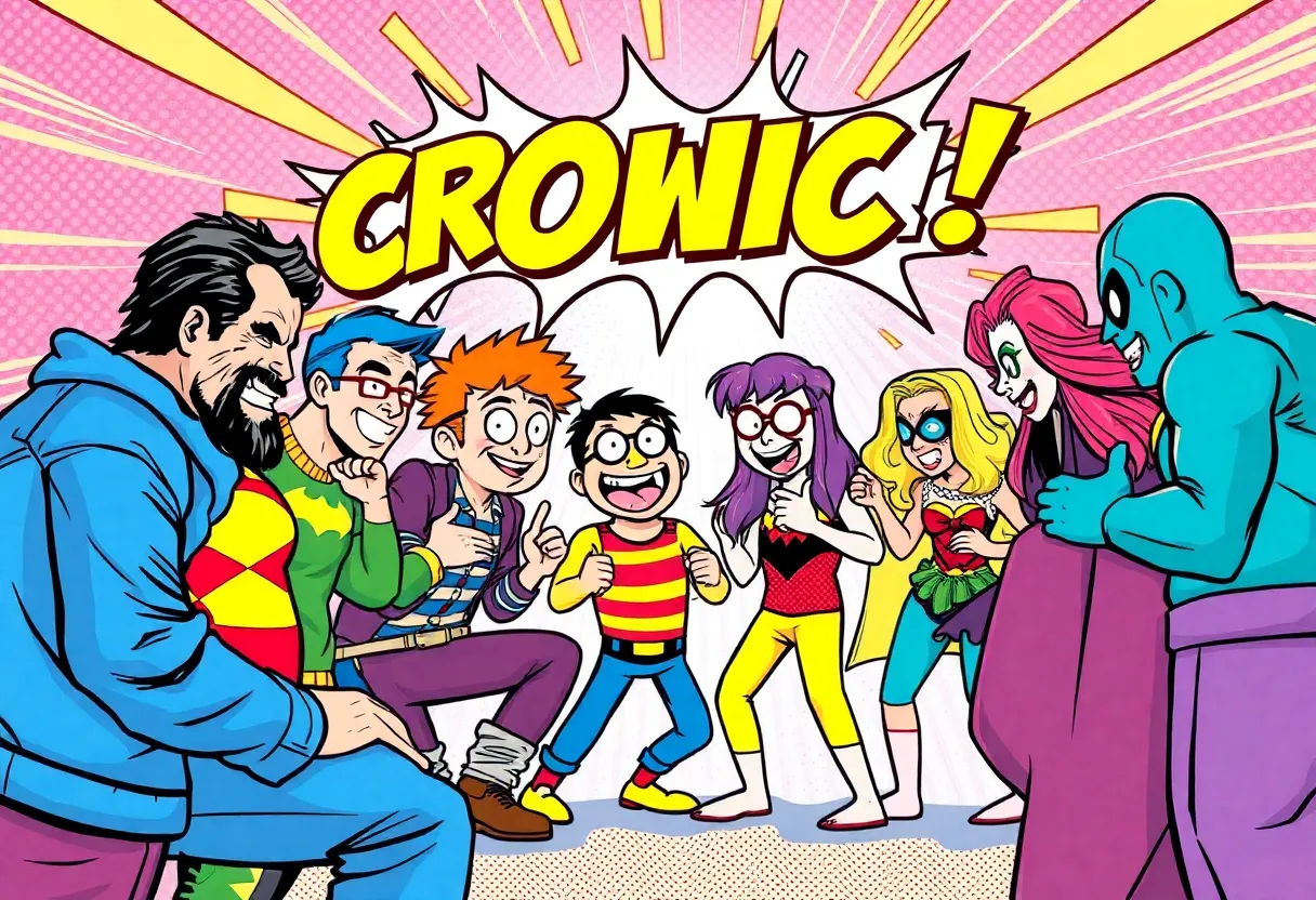 Illustration of a comic crossover event at San Diego Comic-Con