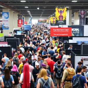 Colorful scene of Comic-Con with attendees in costumes