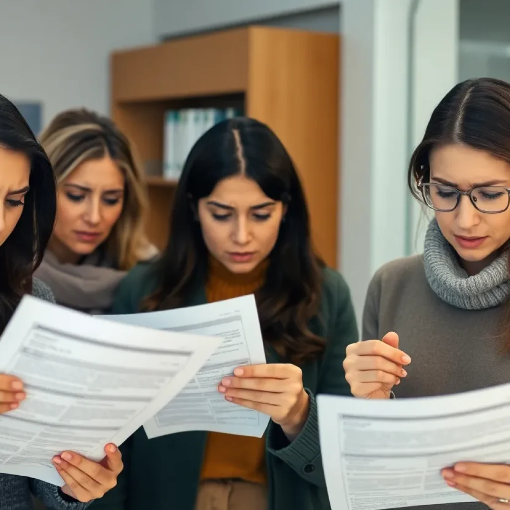 Group of consumers expressing concern while reviewing insurance papers