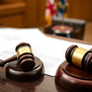 Courtroom scene with a gavel and legal documents representing police accountability issues.