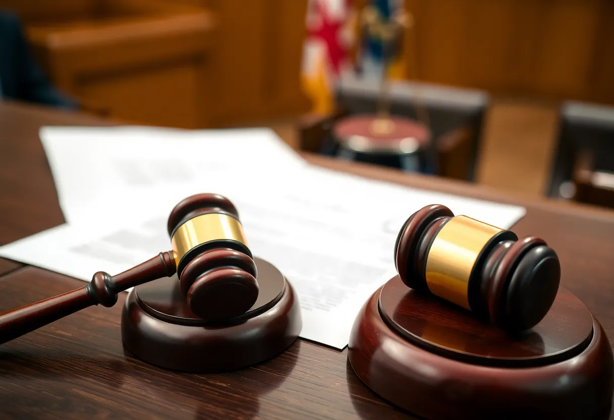 Courtroom scene with a gavel and legal documents representing police accountability issues.